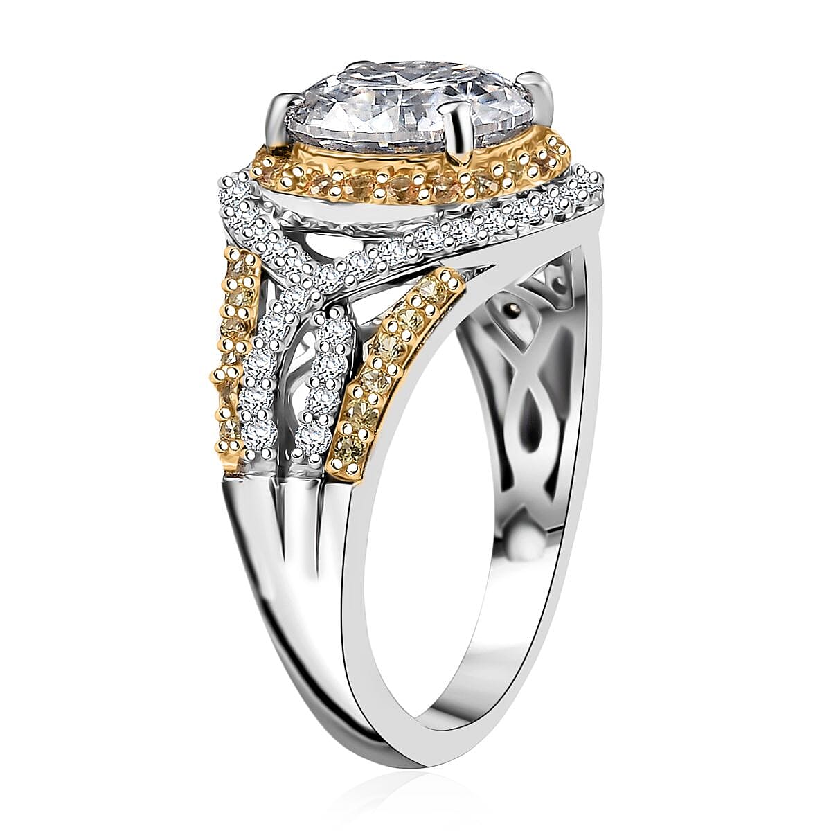 D'Joy 100 Facets Moissanite and Yellow Sapphire 3.70 ctw Celestial Halo Ring in Rhodium Over Sterling Silver (Size 8.0)  image number 3