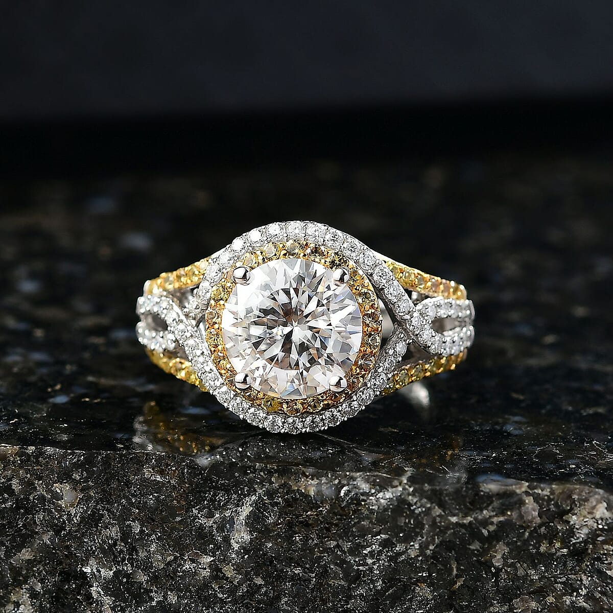 D'Joy 100 Facets Moissanite and Yellow Sapphire 3.70 ctw Celestial Halo Ring in Rhodium Over Sterling Silver (Size 9.0) image number 1