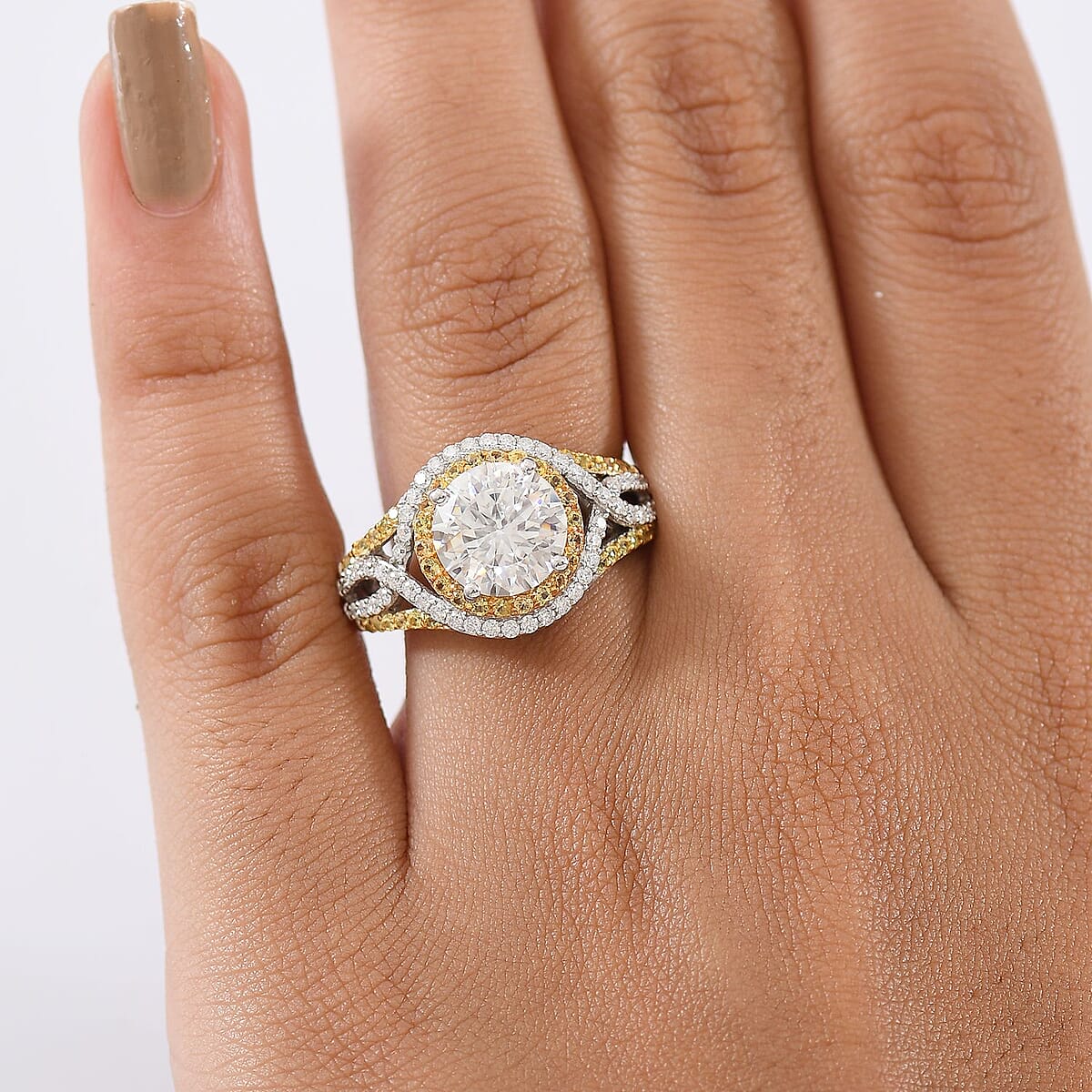 D'Joy 100 Facets Moissanite and Yellow Sapphire 3.70 ctw Celestial Halo Ring in Rhodium Over Sterling Silver (Size 9.0) image number 2