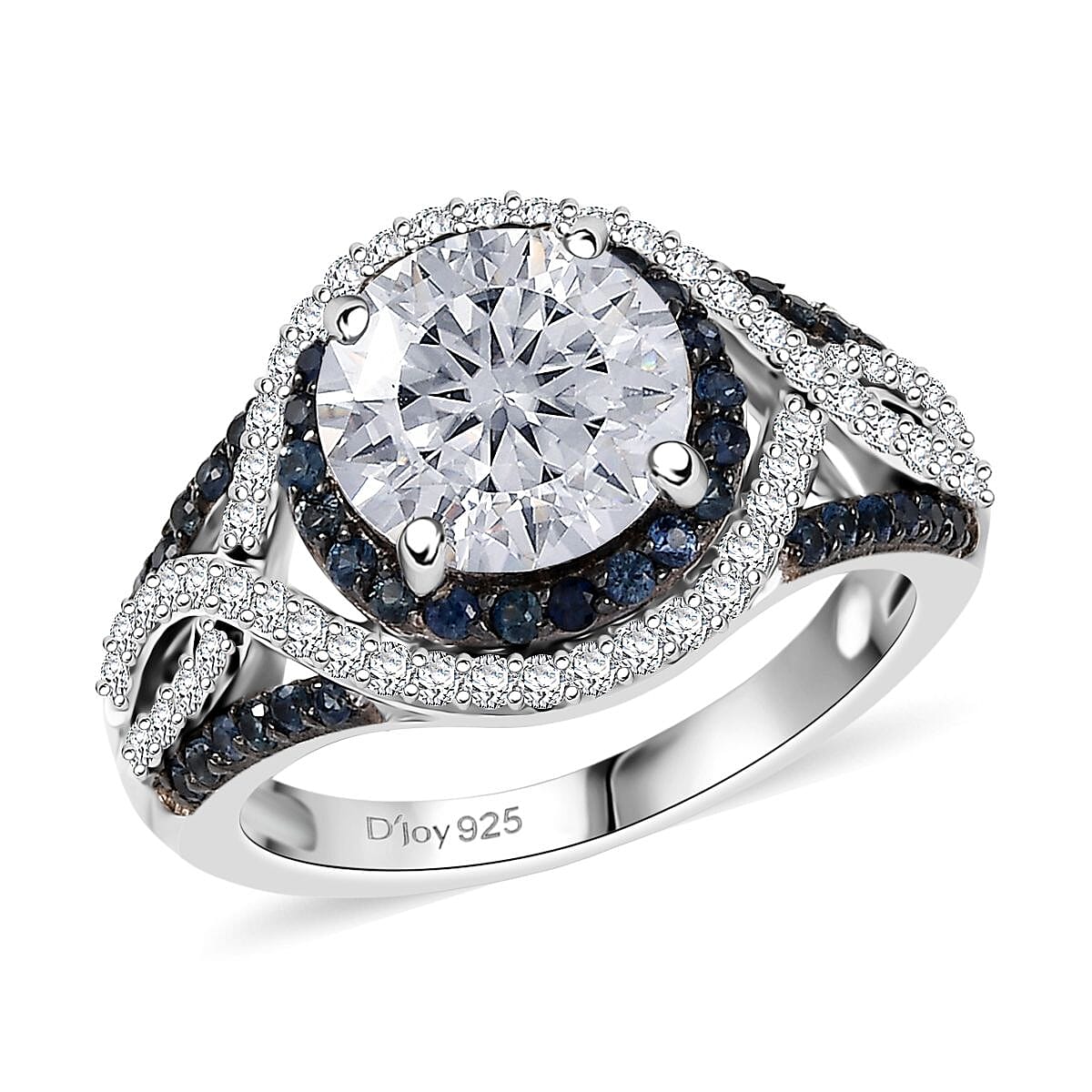D'Joy 100 Facets Moissanite and Blue Sapphire 3.65 ctw Celestial Halo Ring in Rhodium Over Sterling Silver (Size 10.0) image number 0