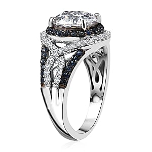 D'Joy 100 Facets Moissanite and Blue Sapphire 3.65 ctw Celestial Halo Ring in Rhodium Over Sterling Silver (Size 10.0)