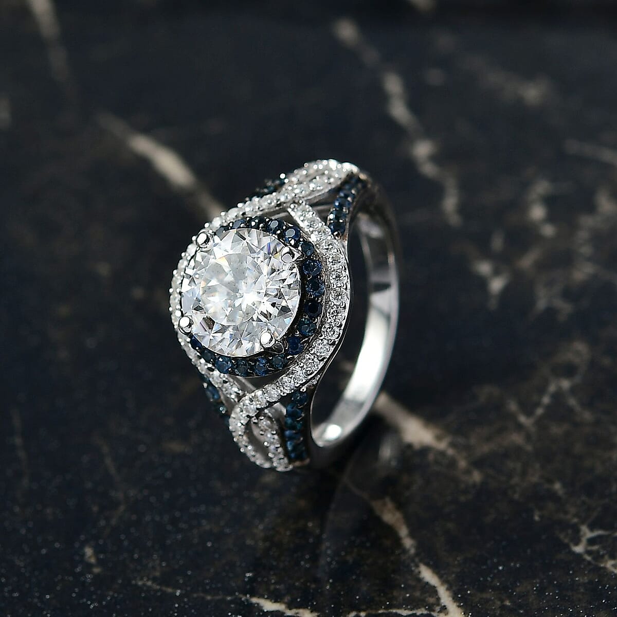 D'Joy 100 Facets Moissanite and Blue Sapphire 3.65 ctw Celestial Halo Ring in Rhodium Over Sterling Silver (Size 7.0) image number 1