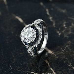 D'Joy 100 Facets Moissanite and Blue Sapphire 3.65 ctw Celestial Halo Ring in Rhodium Over Sterling Silver (Size 7.0)