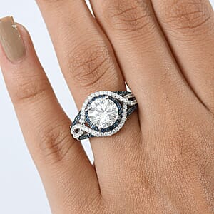 D'Joy 100 Facets Moissanite and Blue Sapphire 3.65 ctw Celestial Halo Ring in Rhodium Over Sterling Silver (Size 7.0)