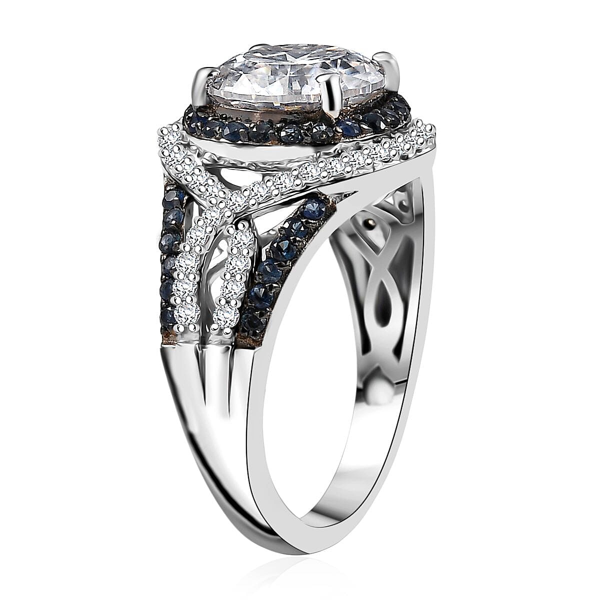 D'Joy 100 Facets Moissanite and Blue Sapphire 3.65 ctw Celestial Halo Ring in Rhodium Over Sterling Silver (Size 7.0)