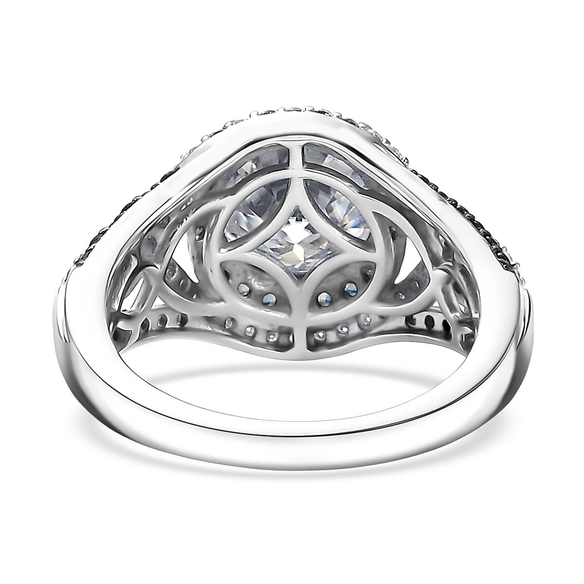 D'Joy 100 Facets Moissanite and Blue Sapphire 3.65 ctw Celestial Halo Ring in Rhodium Over Sterling Silver (Size 7.0)