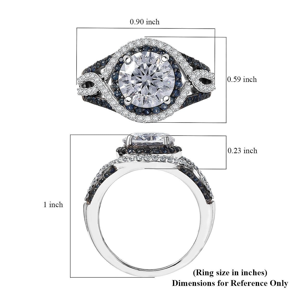 D'Joy 100 Facets Moissanite and Blue Sapphire 3.65 ctw Celestial Halo Ring in Rhodium Over Sterling Silver (Size 7.0)