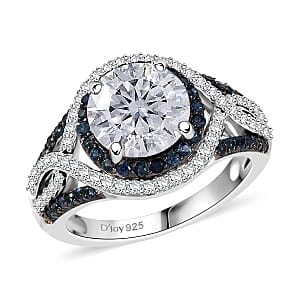 D'Joy 100 Facets Moissanite and Blue Sapphire 3.65 ctw Celestial Halo Ring in Rhodium Over Sterling Silver (Size 9.0) 