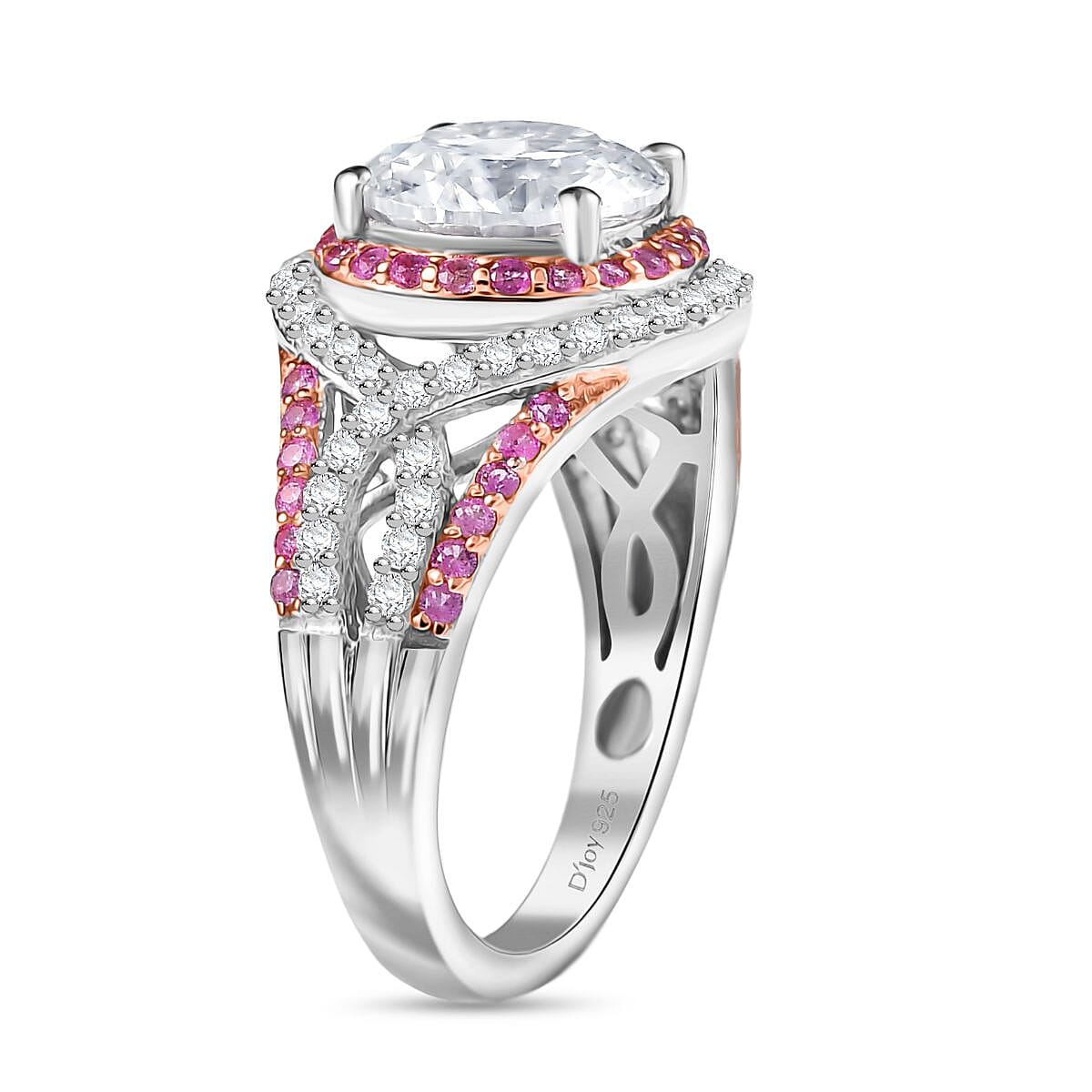D'Joy 100 Facets Moissanite and Pink Sapphire 3.65 ctw Celestial Halo Ring in Rhodium Over Sterling Silver (Size 10.0)  image number 3