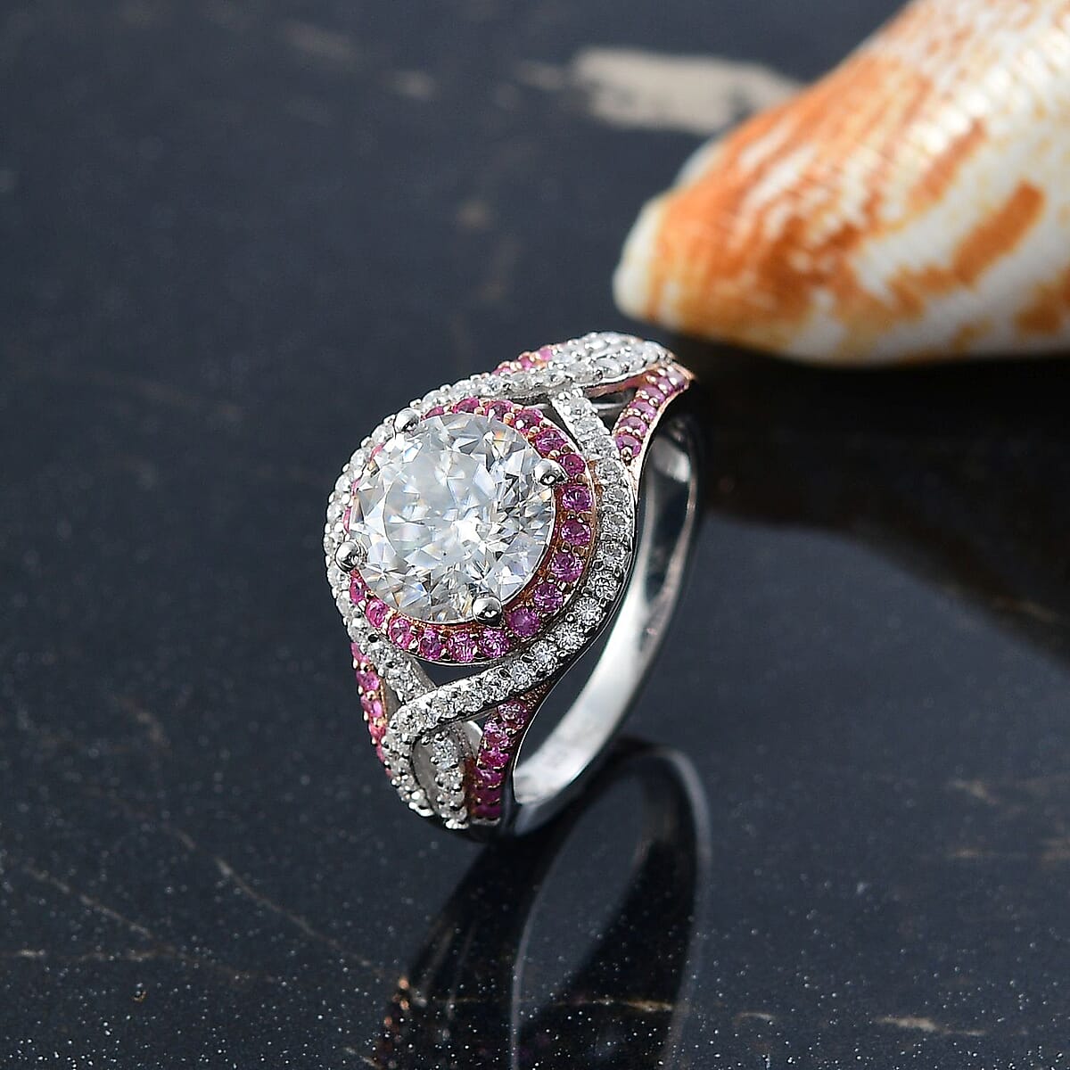 D'Joy 100 Facets Moissanite and Pink Sapphire 3.65 ctw Celestial Halo Ring in Rhodium Over Sterling Silver (Size 6.0) image number 1