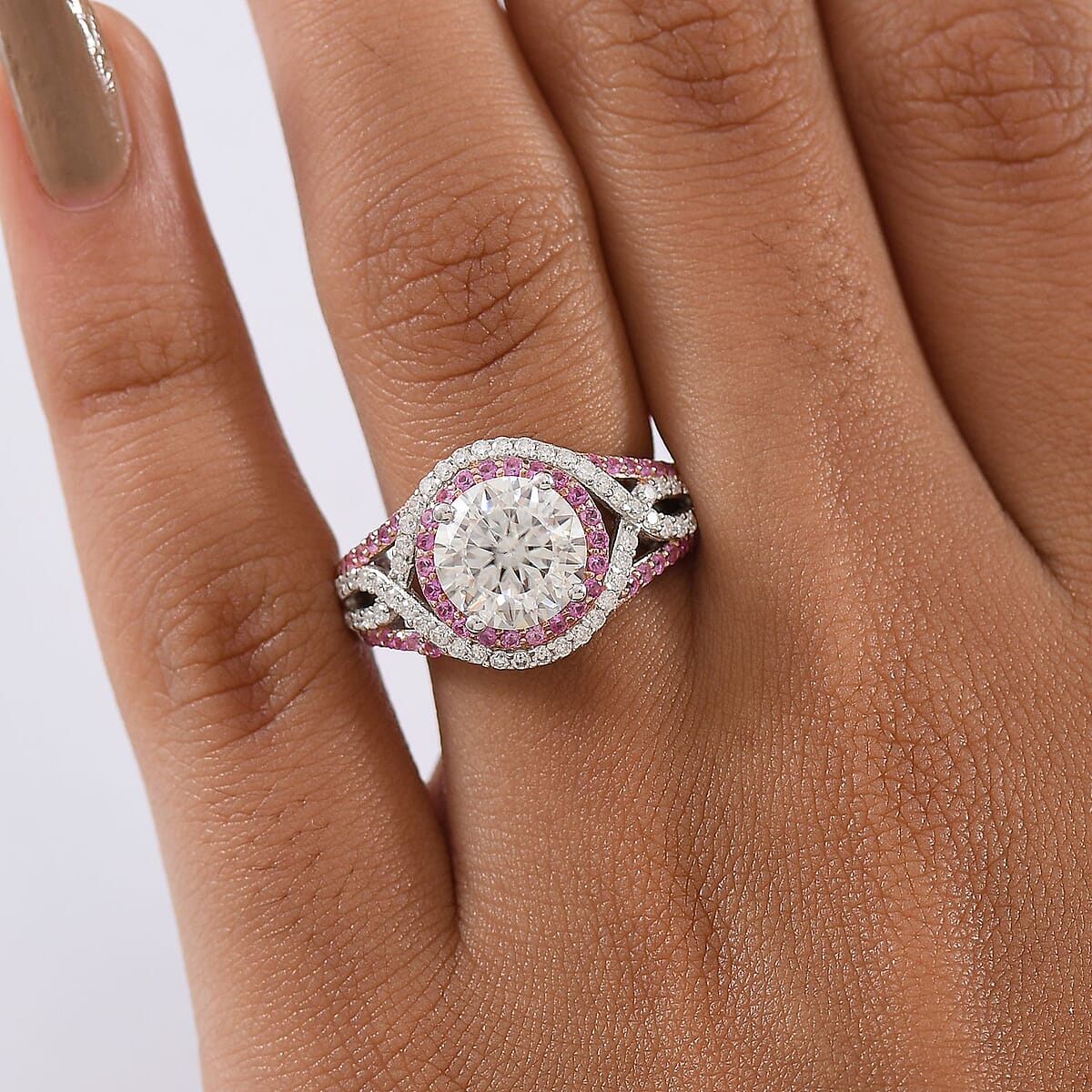 D'Joy 100 Facets Moissanite and Pink Sapphire 3.65 ctw Celestial Halo Ring in Rhodium Over Sterling Silver (Size 6.0) image number 2