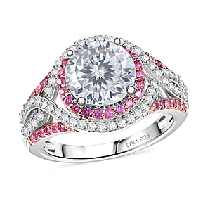 D'Joy 100 Facets Moissanite and Pink Sapphire 3.65 ctw Celestial Halo Ring in Rhodium Over Sterling Silver (Size 7.0)