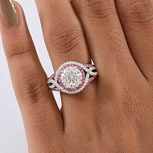 D'Joy 100 Facets Moissanite and Pink Sapphire 3.65 ctw Celestial Halo Ring in Rhodium Over Sterling Silver (Size 8.0)