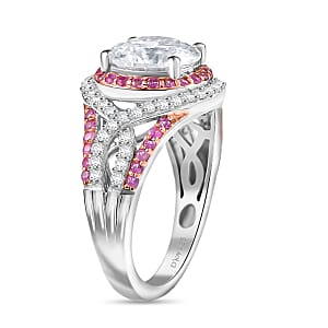 D'Joy 100 Facets Moissanite and Pink Sapphire 3.65 ctw Celestial Halo Ring in Rhodium Over Sterling Silver (Size 8.0)