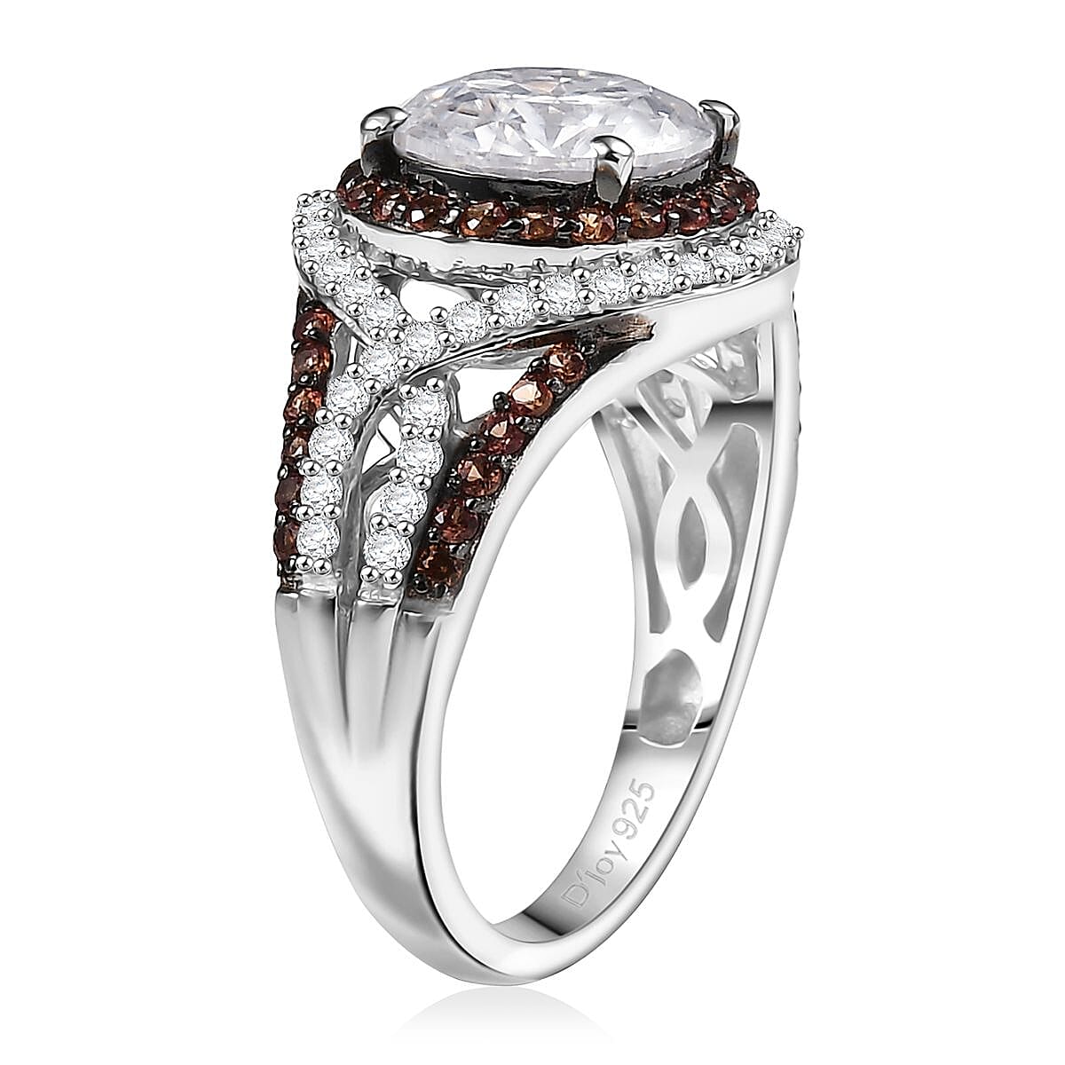 D'Joy 100 Facets Moissanite and Red Sapphire 3.75 ctw Celestial Halo Ring in Rhodium Over Sterling Silver (Size 10.0)