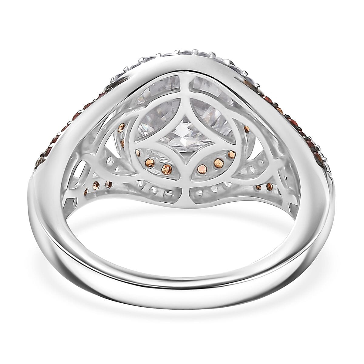 D'Joy 100 Facets Moissanite and Red Sapphire 3.75 ctw Celestial Halo Ring in Rhodium Over Sterling Silver (Size 10.0)