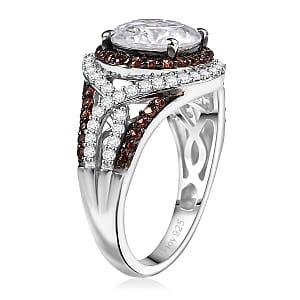 D'Joy 100 Facets Moissanite and Red Sapphire 3.75 ctw Celestial Halo Ring in Rhodium Over Sterling Silver (Size 7.0)
