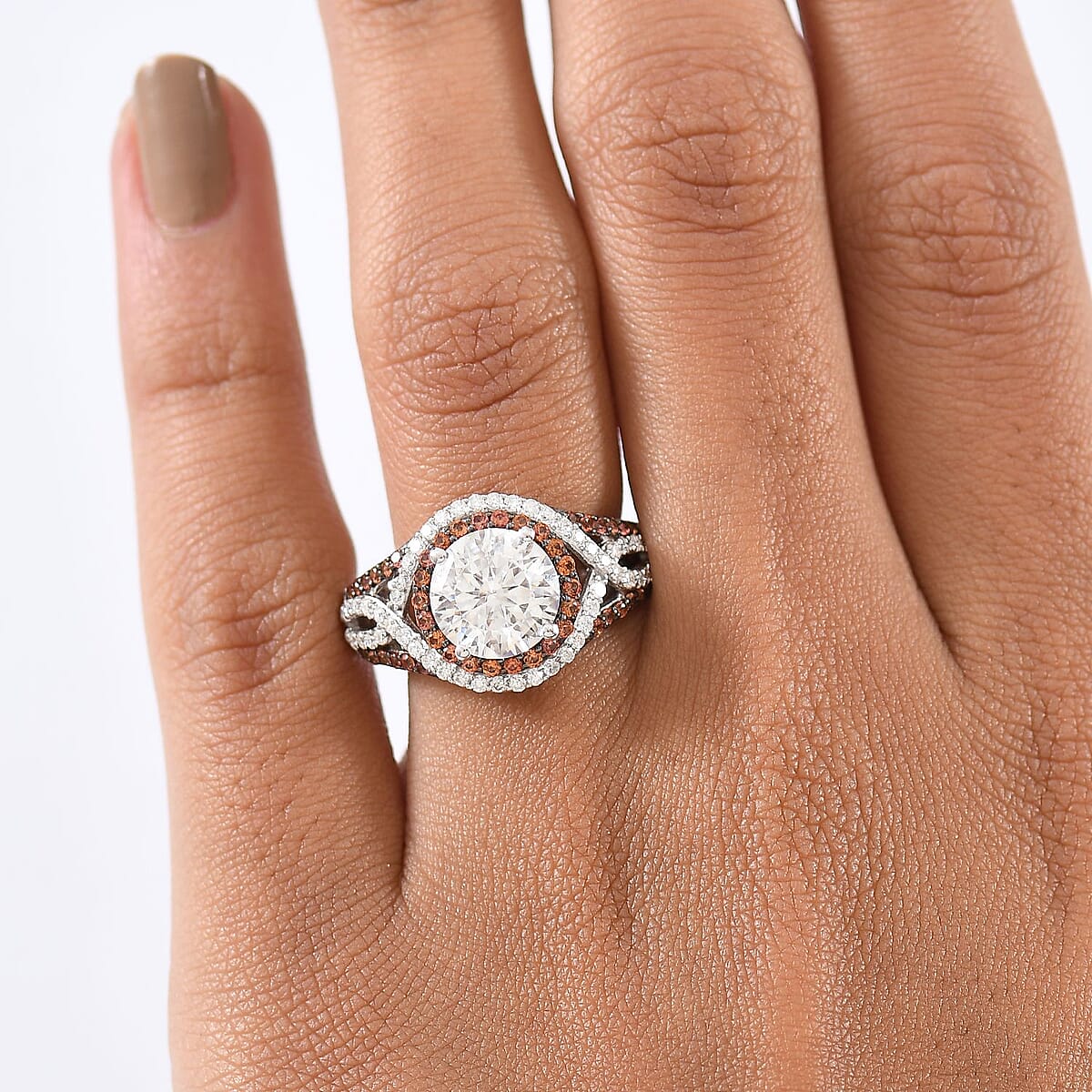 D'Joy 100 Facets Moissanite and Red Sapphire 3.75 ctw Celestial Halo Ring in Rhodium Over Sterling Silver (Size 9.0) image number 2