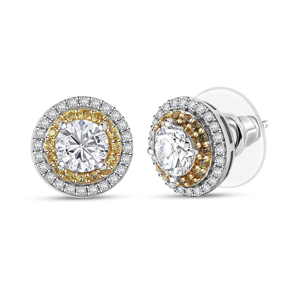 D'Joy 100 Facets Moissanite (Rnd 6mm), Yellow Sapphire Stud Earrings in Rhodium Over Sterling Silver 2.55 ctw image number 0