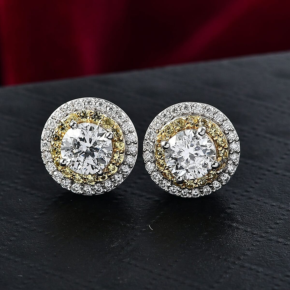 D'Joy 100 Facets Moissanite (Rnd 6mm), Yellow Sapphire Stud Earrings in Rhodium Over Sterling Silver 2.55 ctw image number 1