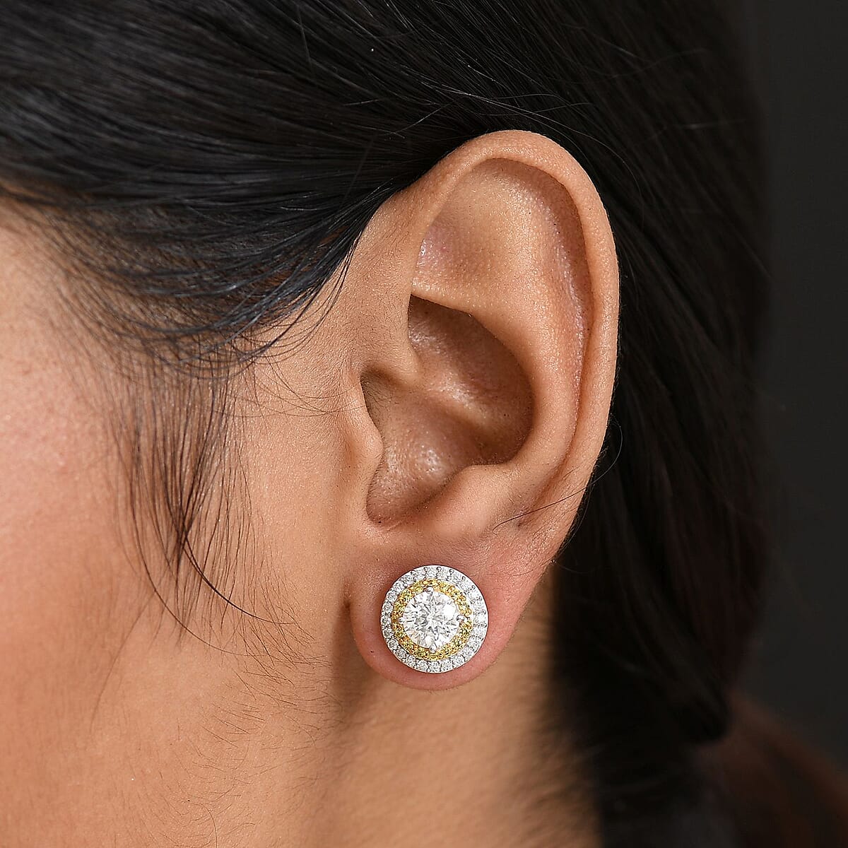 D'Joy 100 Facets Moissanite (Rnd 6mm), Yellow Sapphire Stud Earrings in Rhodium Over Sterling Silver 2.55 ctw image number 2