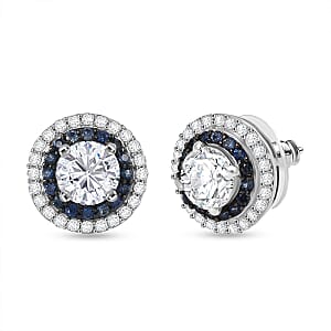 D'Joy 100 Facets Moissanite and Blue Sapphire 2.55 ctw Celestial Halo Earrings in Rhodium Over Sterling Silver 