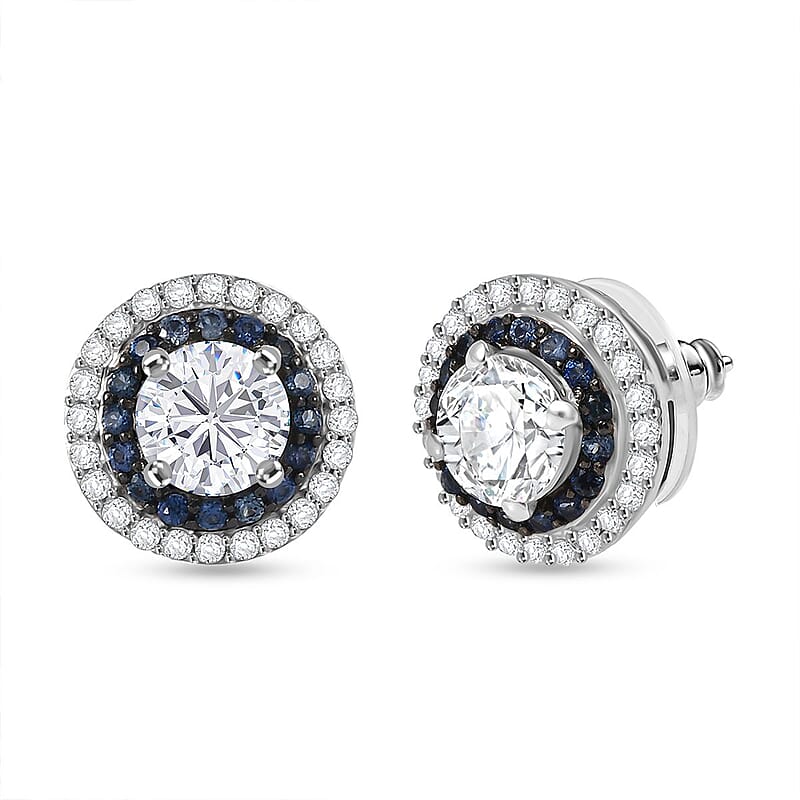 D'Joy Moissanite, Blue Sapphire Halo Earrings in Rhodium Over Sterling Silver 2.55 ctw