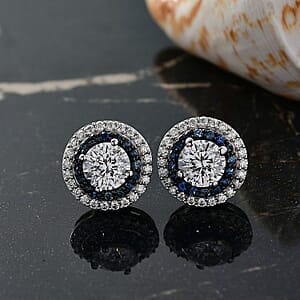 D'Joy Moissanite, Blue Sapphire Halo Earrings in Rhodium Over Sterling Silver 2.55 ctw