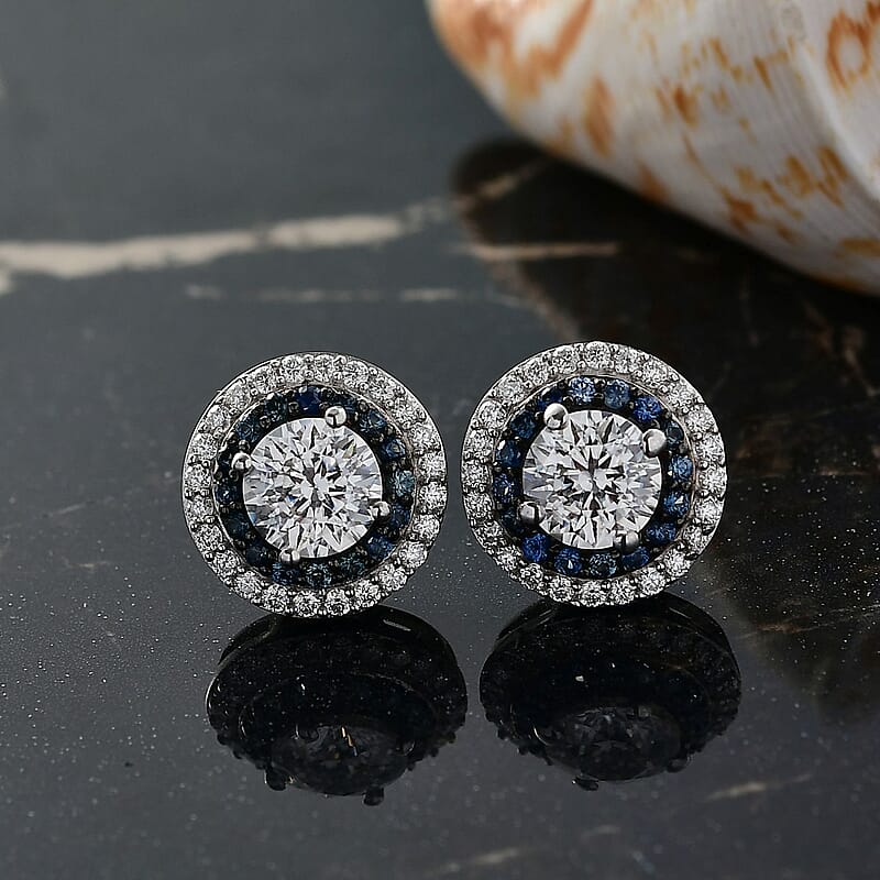D'Joy Moissanite, Blue Sapphire Halo Earrings in Rhodium Over Sterling Silver 2.55 ctw