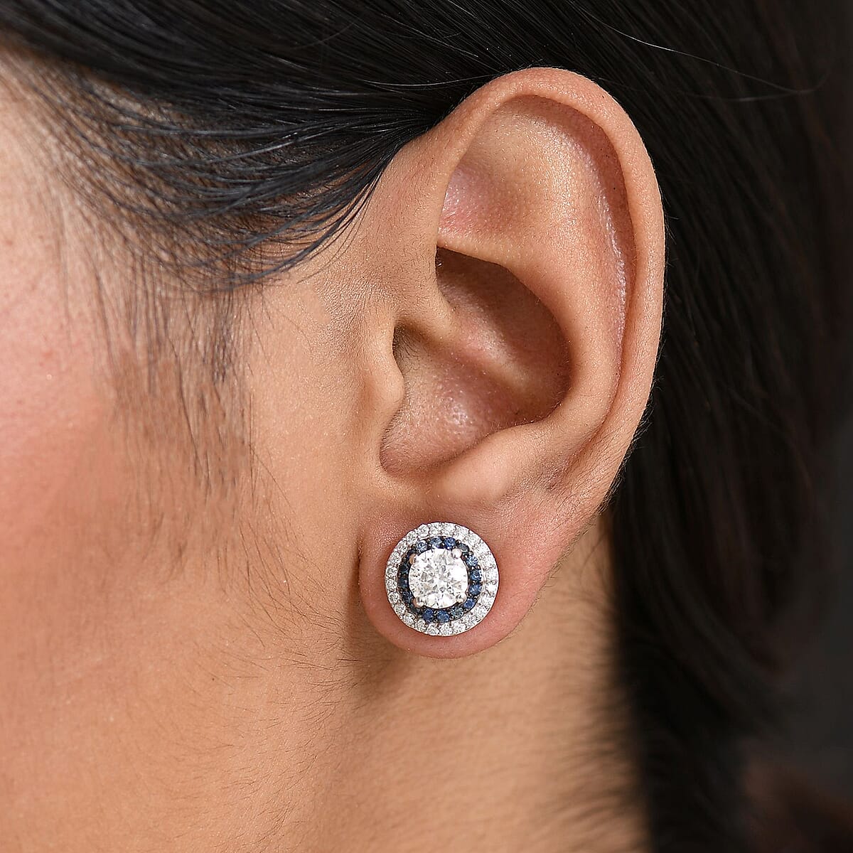 D'Joy 100 Facets Moissanite and Blue Sapphire 2.55 ctw Celestial Halo Earrings in Rhodium Over Sterling Silver  image number 2