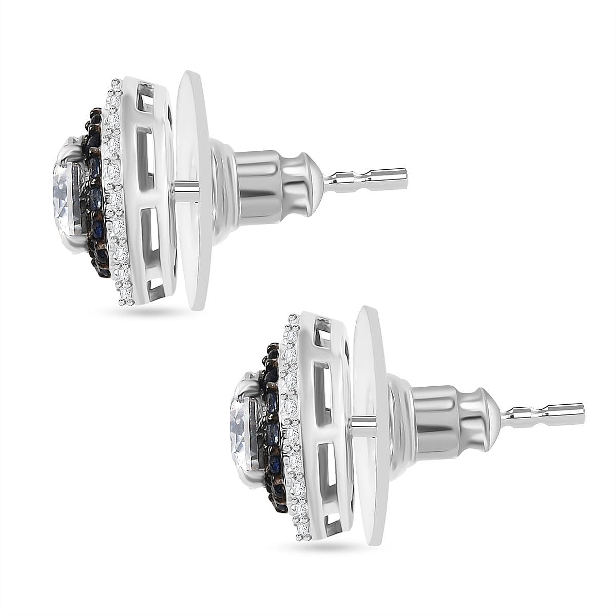 D'Joy 100 Facets Moissanite and Blue Sapphire 2.55 ctw Celestial Halo Earrings in Rhodium Over Sterling Silver  image number 3