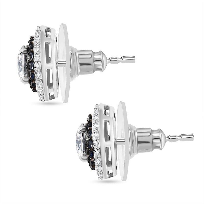 D'Joy Moissanite, Blue Sapphire Halo Earrings in Rhodium Over Sterling Silver 2.55 ctw