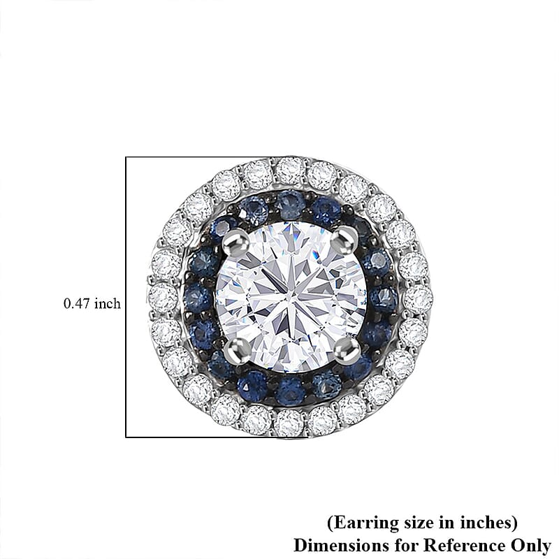 D'Joy Moissanite, Blue Sapphire Halo Earrings in Rhodium Over Sterling Silver 2.55 ctw