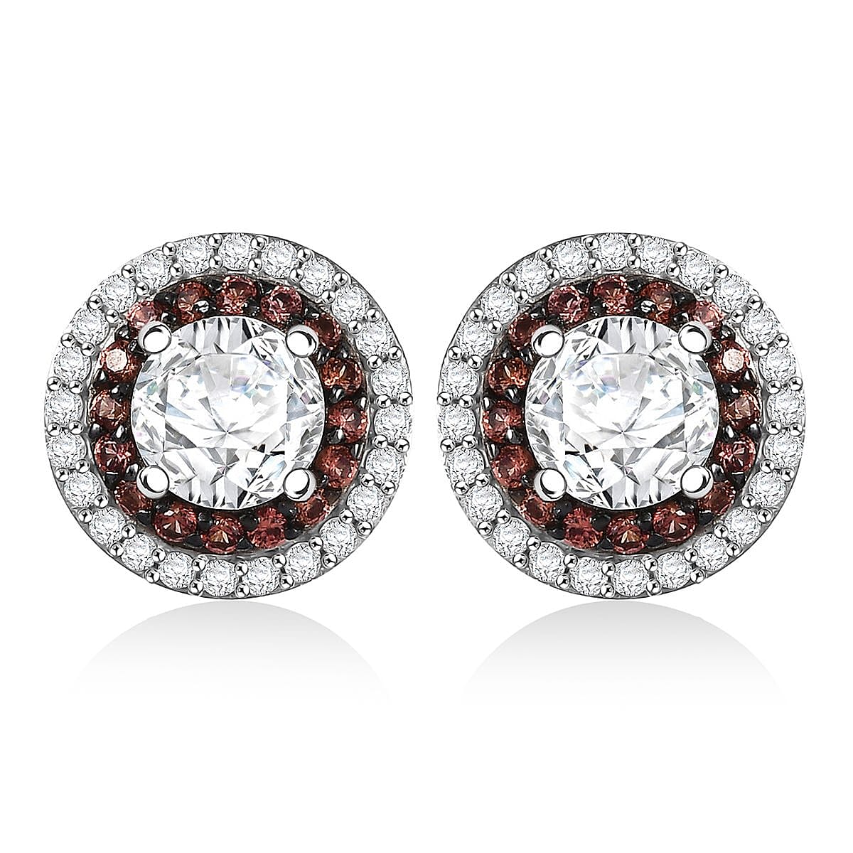 D'Joy Moissanite, Red Sapphire Halo Earrings in Rhodium Over Sterling Silver 2.60 ctw