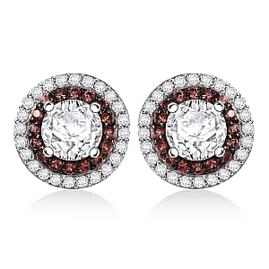 D'Joy 100 Facets Moissanite and Red Sapphire 2.60 ctw Celestial Halo Earrings in Rhodium Over Sterling Silver 