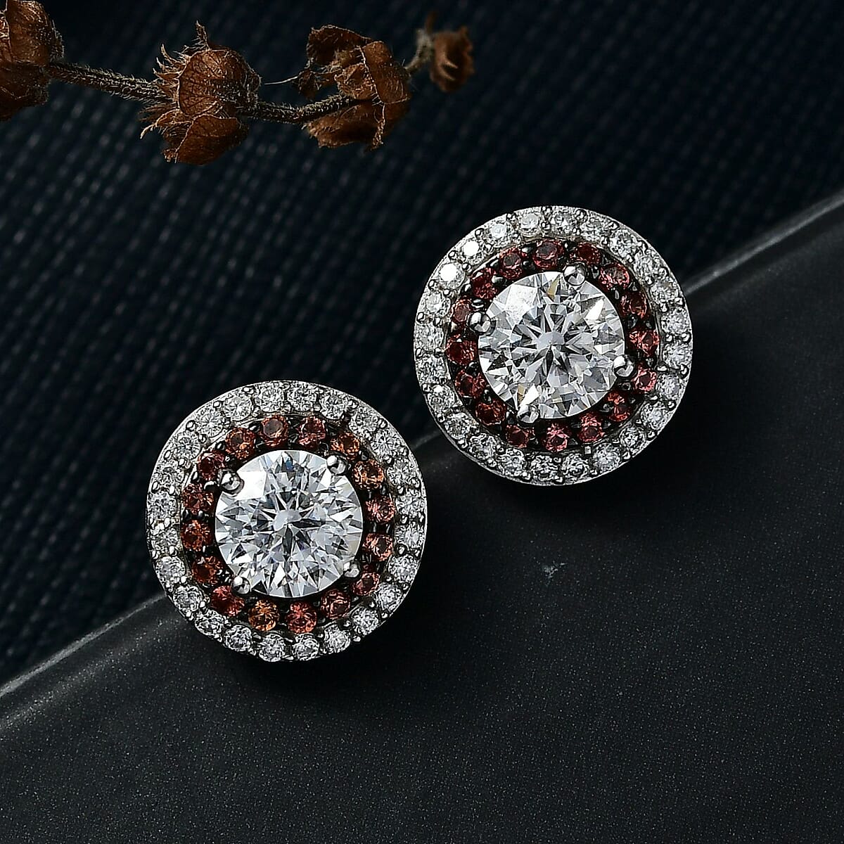 D'Joy 100 Facets Moissanite and Red Sapphire 2.60 ctw Celestial Halo Earrings in Rhodium Over Sterling Silver  image number 1