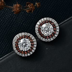 D'Joy Moissanite, Red Sapphire Halo Earrings in Rhodium Over Sterling Silver 2.60 ctw
