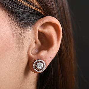 D'Joy Moissanite, Red Sapphire Halo Earrings in Rhodium Over Sterling Silver 2.60 ctw