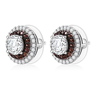 D'Joy Moissanite, Red Sapphire Halo Earrings in Rhodium Over Sterling Silver 2.60 ctw