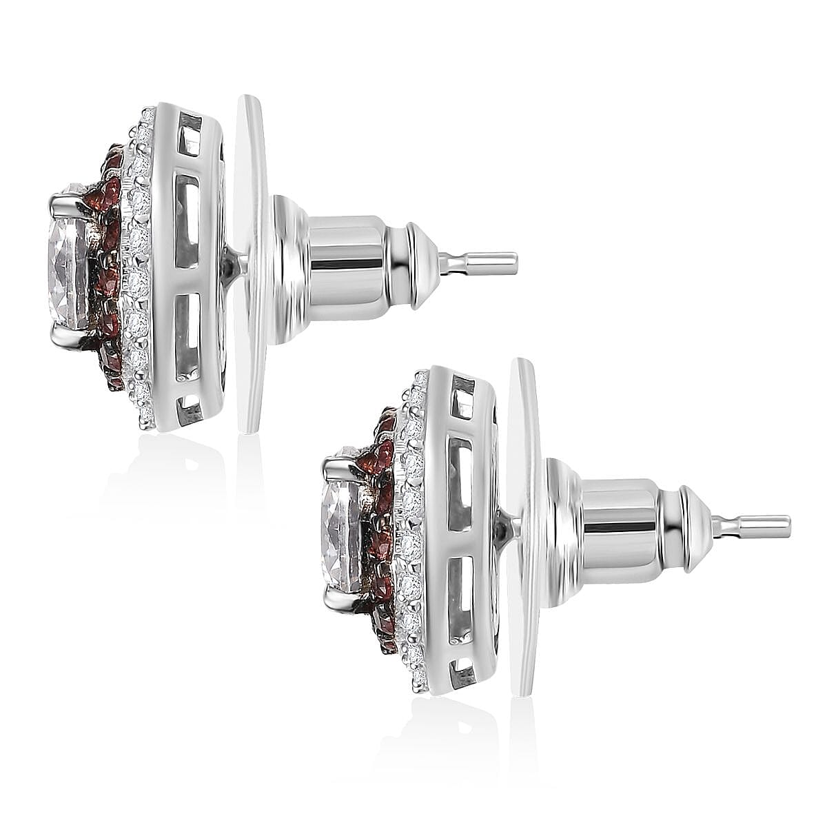 D'Joy Moissanite, Red Sapphire Halo Earrings in Rhodium Over Sterling Silver 2.60 ctw