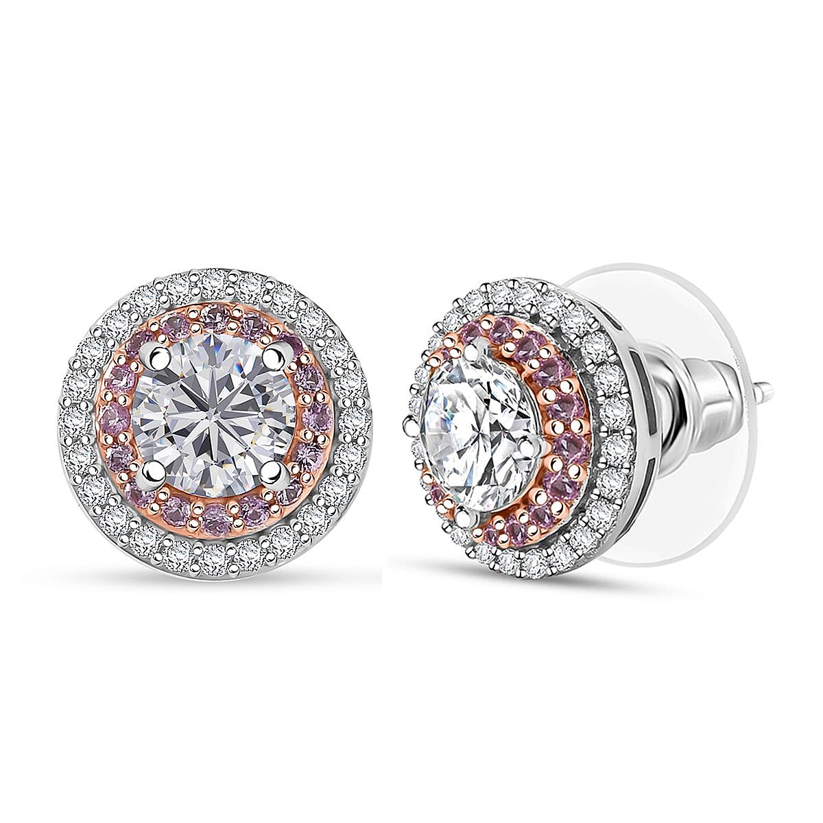 D'Joy 100 Facets Moissanite and Pink Sapphire 2.50 ctw Celestial Halo Earrings in Rhodium Over Sterling Silver image number 0