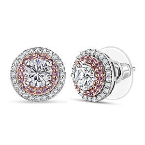 D'Joy 100 Facets Moissanite and Pink Sapphire 2.50 ctw Celestial Halo Earrings in Rhodium Over Sterling Silver