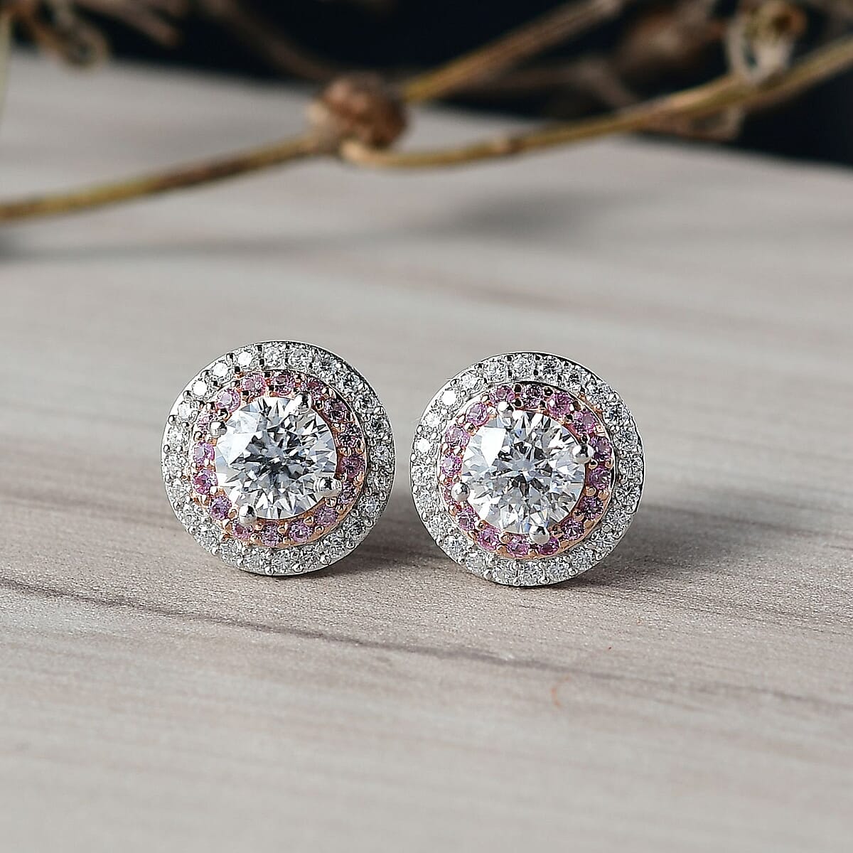 D'Joy 100 Facets Moissanite and Pink Sapphire 2.50 ctw Celestial Halo Earrings in Rhodium Over Sterling Silver image number 1