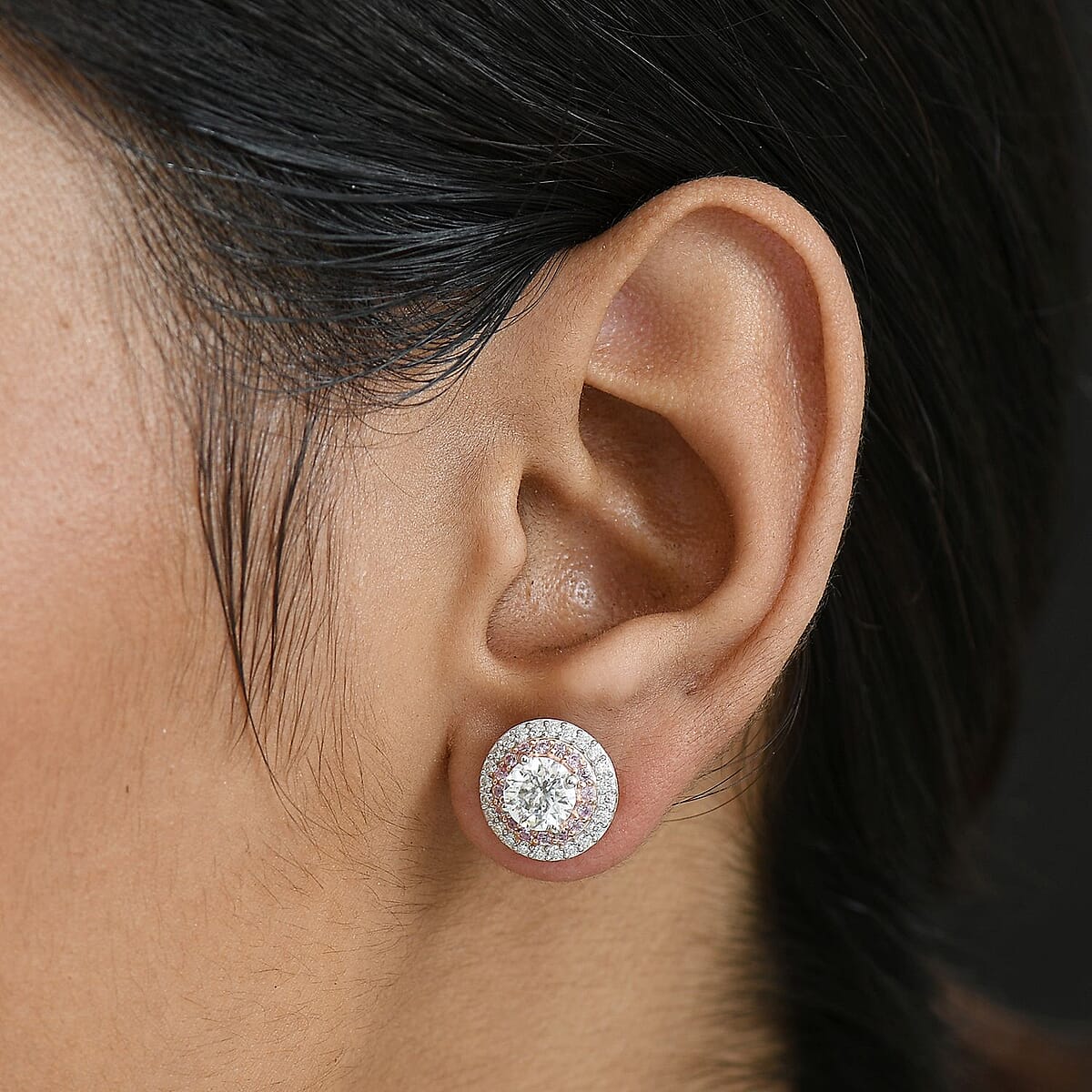 D'Joy 100 Facets Moissanite and Pink Sapphire 2.50 ctw Celestial Halo Earrings in Rhodium Over Sterling Silver image number 2