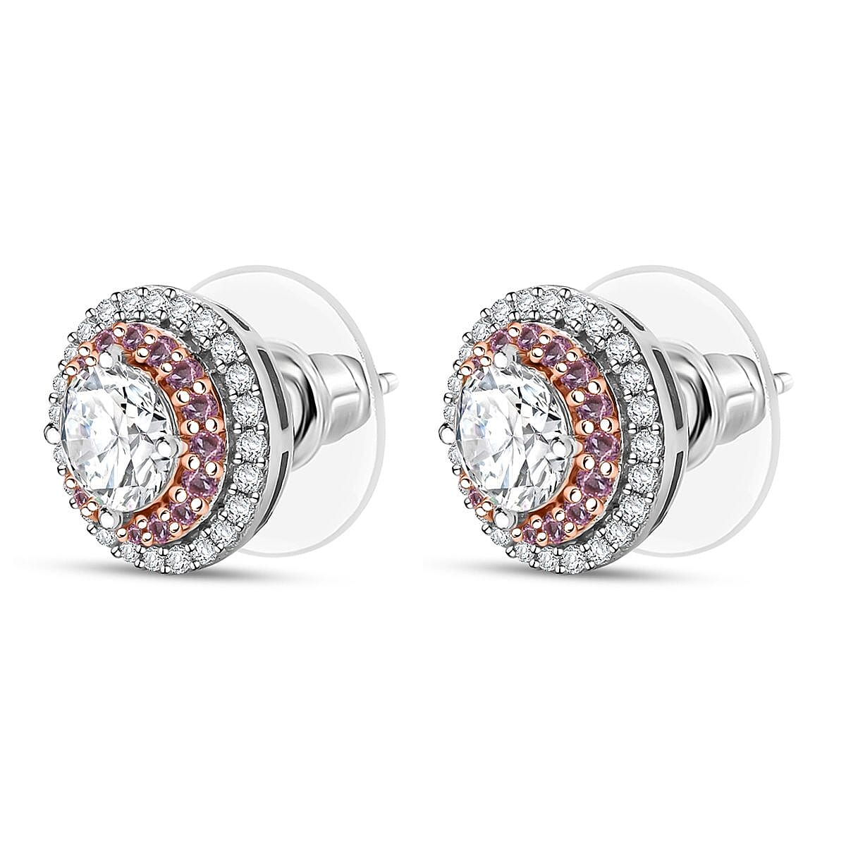 D'Joy 100 Facets Moissanite and Pink Sapphire 2.50 ctw Celestial Halo Earrings in Rhodium Over Sterling Silver image number 3