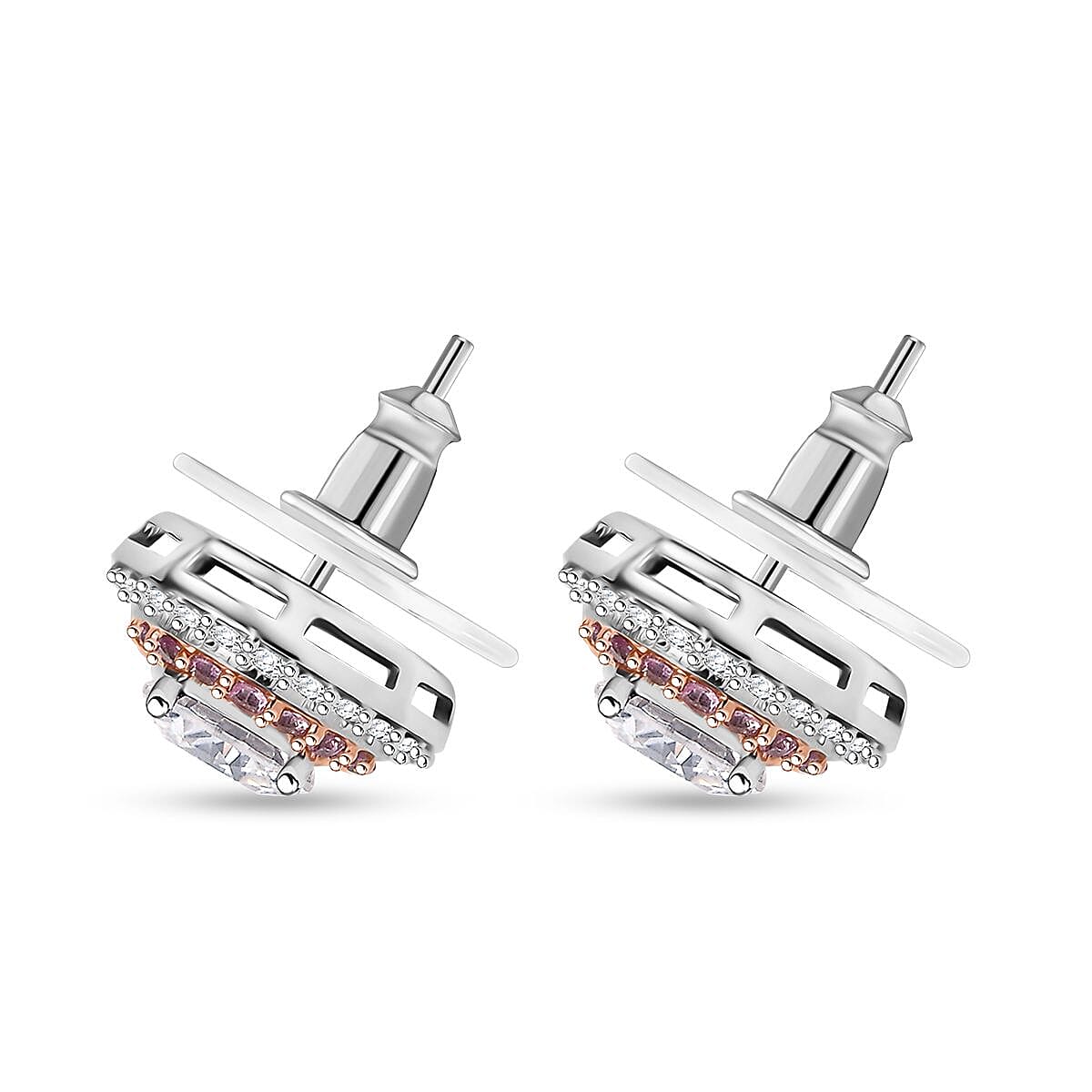 D'Joy 100 Facets Moissanite and Pink Sapphire 2.50 ctw Celestial Halo Earrings in Rhodium Over Sterling Silver image number 4