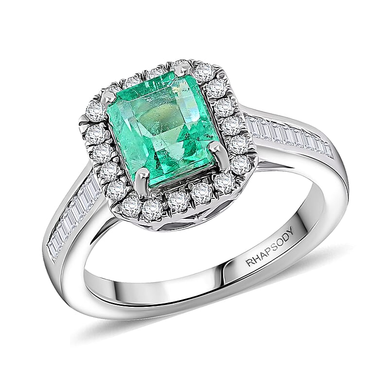 Rhapsody Boyaca Colombian Emerald and E-F VS Diamond 2.20 ctw Halo Ring in 950 Platinum (Size 6.0) 7.50 Grams
