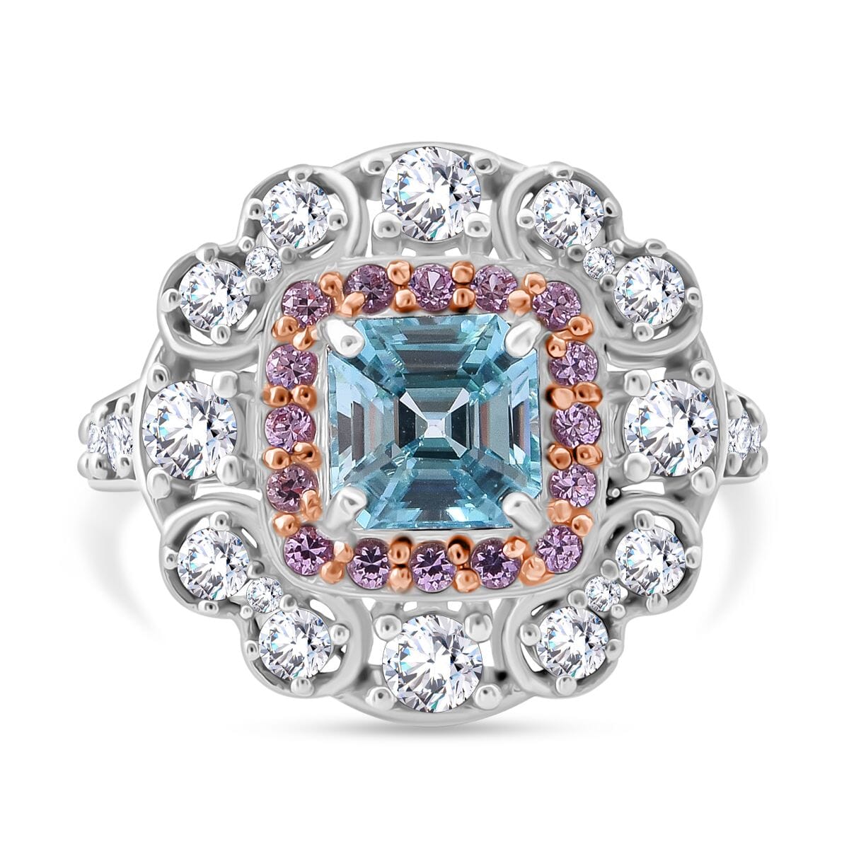 Asscher Cut Premium Cambodian Blue Zircon and Multi Gemstone 3.10 ctw Floral Ring in Rhodium Over Sterling Silver (Size 10.0) image number 0
