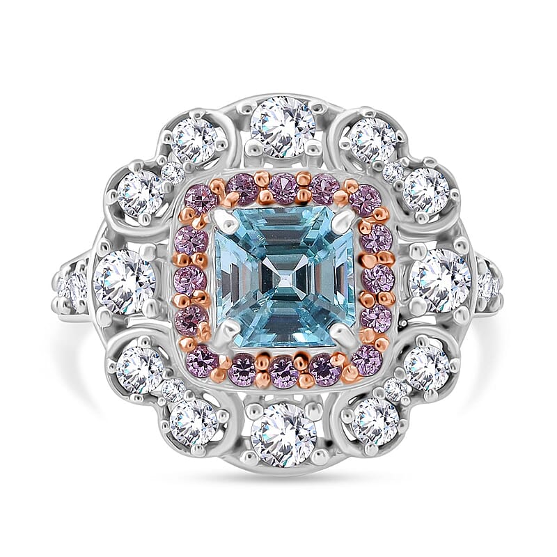 Asscher Cut Premium Cambodian Blue Zircon and Multi Gemstone 3.10 ctw Floral Ring in Rhodium Over Sterling Silver (Size 10.0)