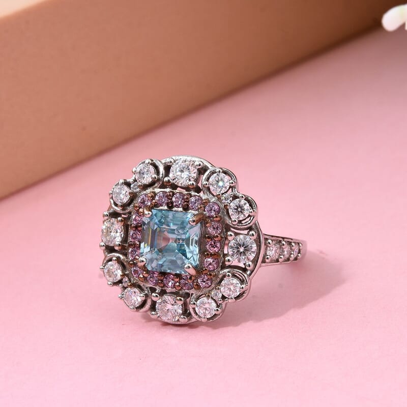 Asscher Cut Premium Cambodian Blue Zircon and Multi Gemstone 3.10 ctw Floral Ring in Rhodium Over Sterling Silver (Size 10.0)